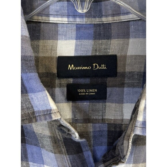 MASSIMO DUTTI 100% Linen Long Sleeve Button Up Shirt Men’s XL Blue Checkered - Picture 2 of 10